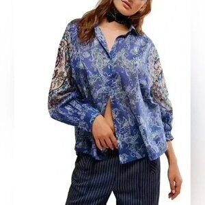 Free People Rose Bud Paisley Print Blue Blouse LongSleeve Size Medium